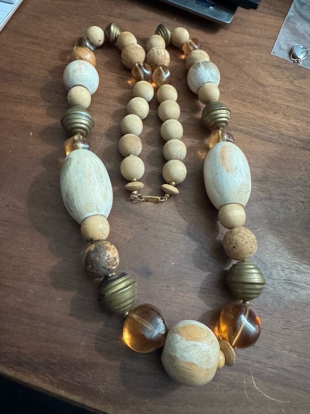 Vintage Carol Dauplaise Boho/Tribal Style Wood/Brass/Cork Beaded Necklace *READ*